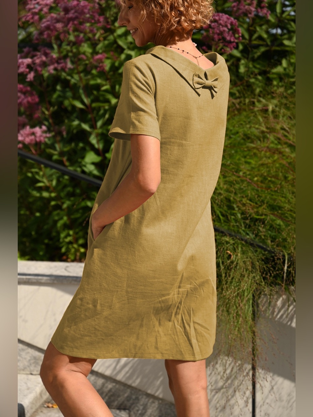 LeMuse Olive Green Linen Cotton Blend Shift Mini Dress Bow Back Pockets Size XS